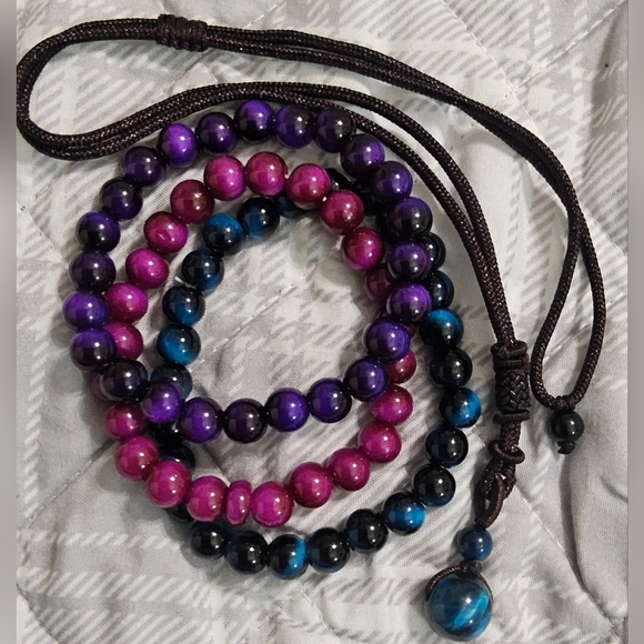 None Other - 4pcs Vintage Blue Tiger Eye Bead Bracelets And Necklace Set